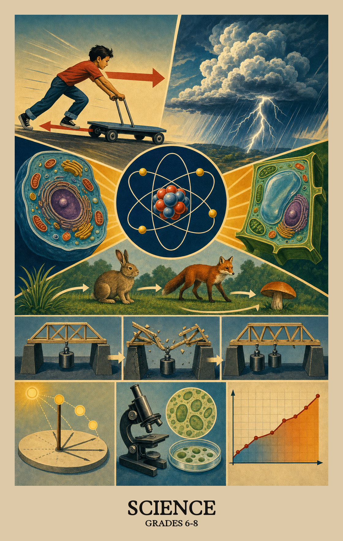 Illustration of what students learn in Grades 6-8 Science